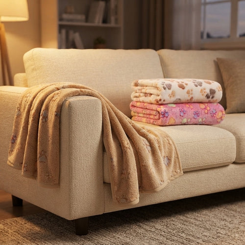 CalmCurl fleece pet blankets on a sofa in a warm living room