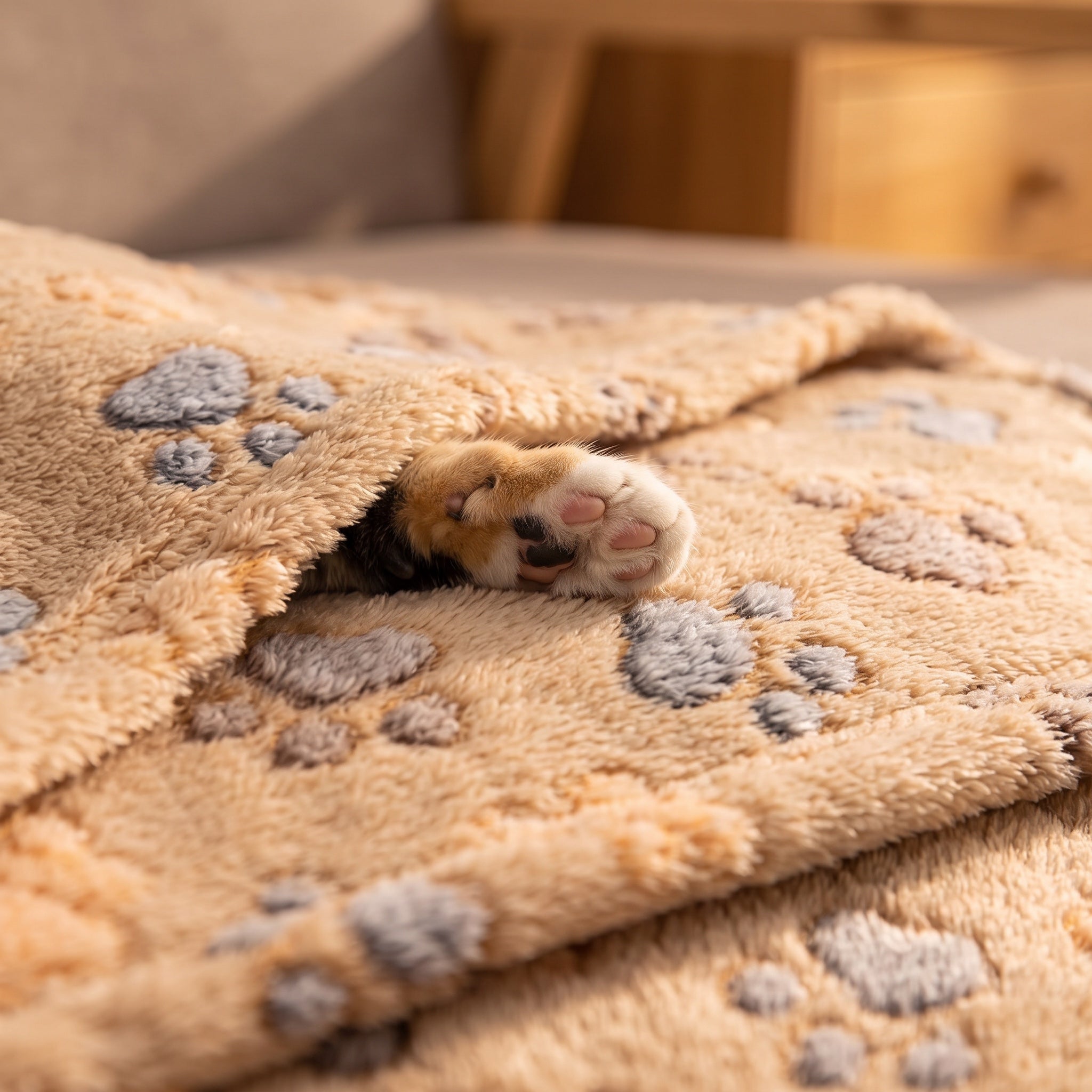 Close view of the tan paw print fleece with a cat paw resting on the soft pile