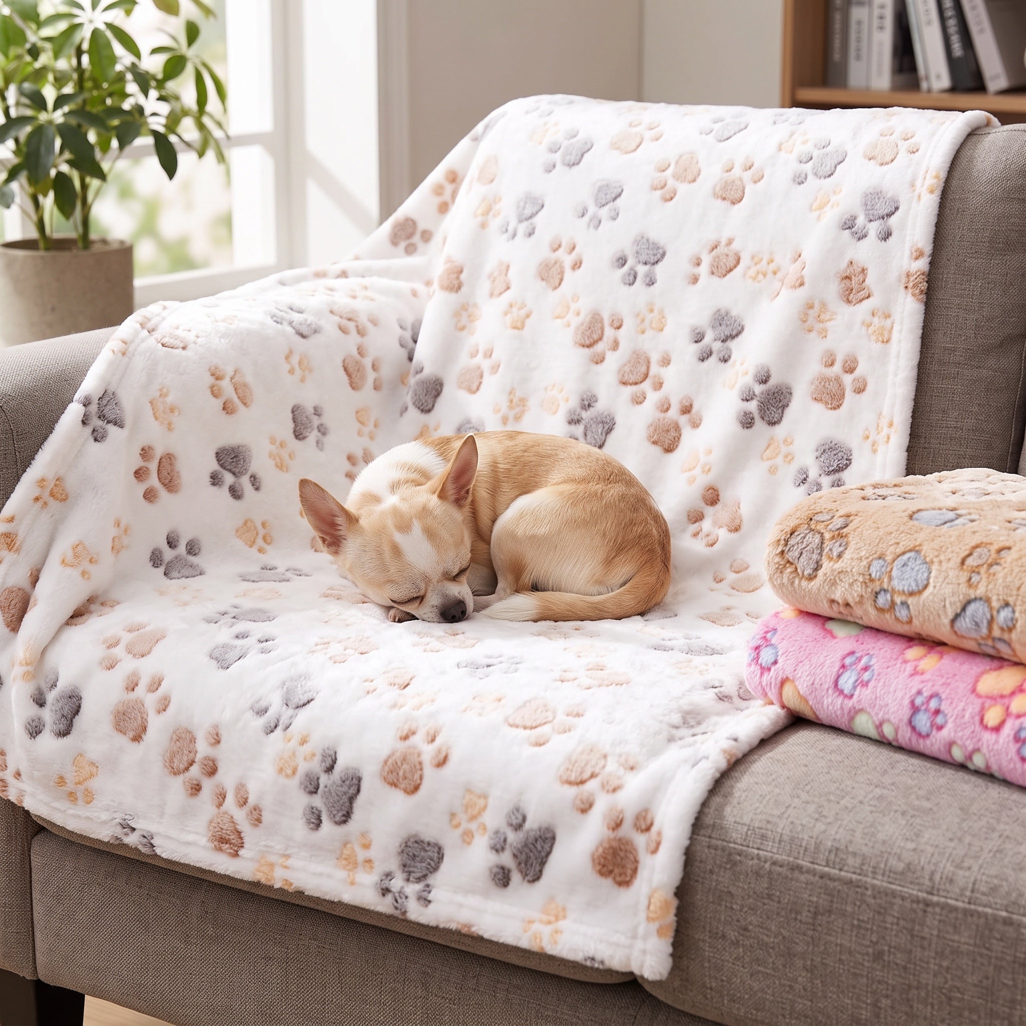 Chihuahua asleep on the white paw print fleece blanket protecting a couch cushion