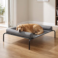 Golden retriever resting on a grey elevated dog cot with a bolster rim wrapping three sides