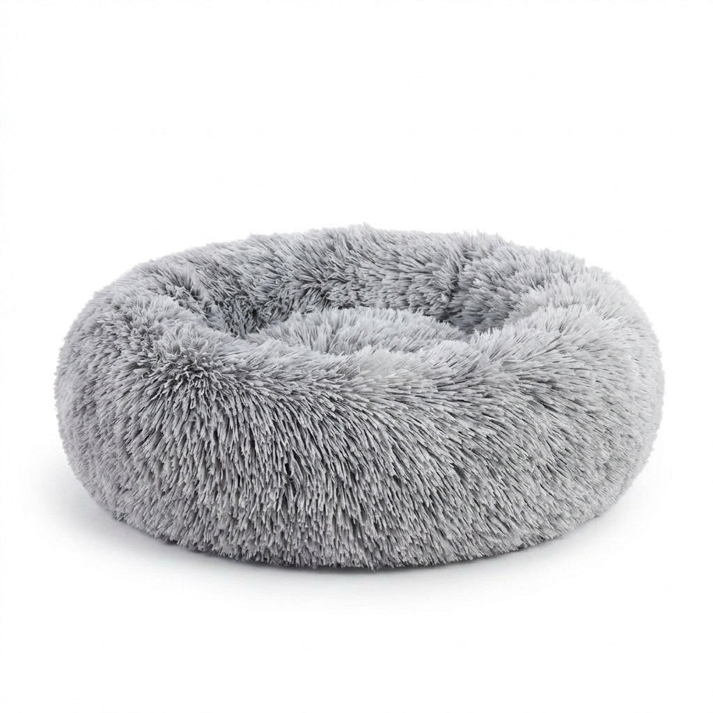 CalmCurl calming donut bed, light grey, on white background