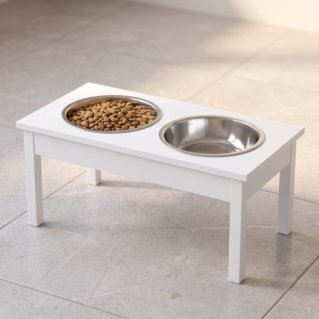 White elevated pet feeding station with two stainless steel bowls on kitchen tile