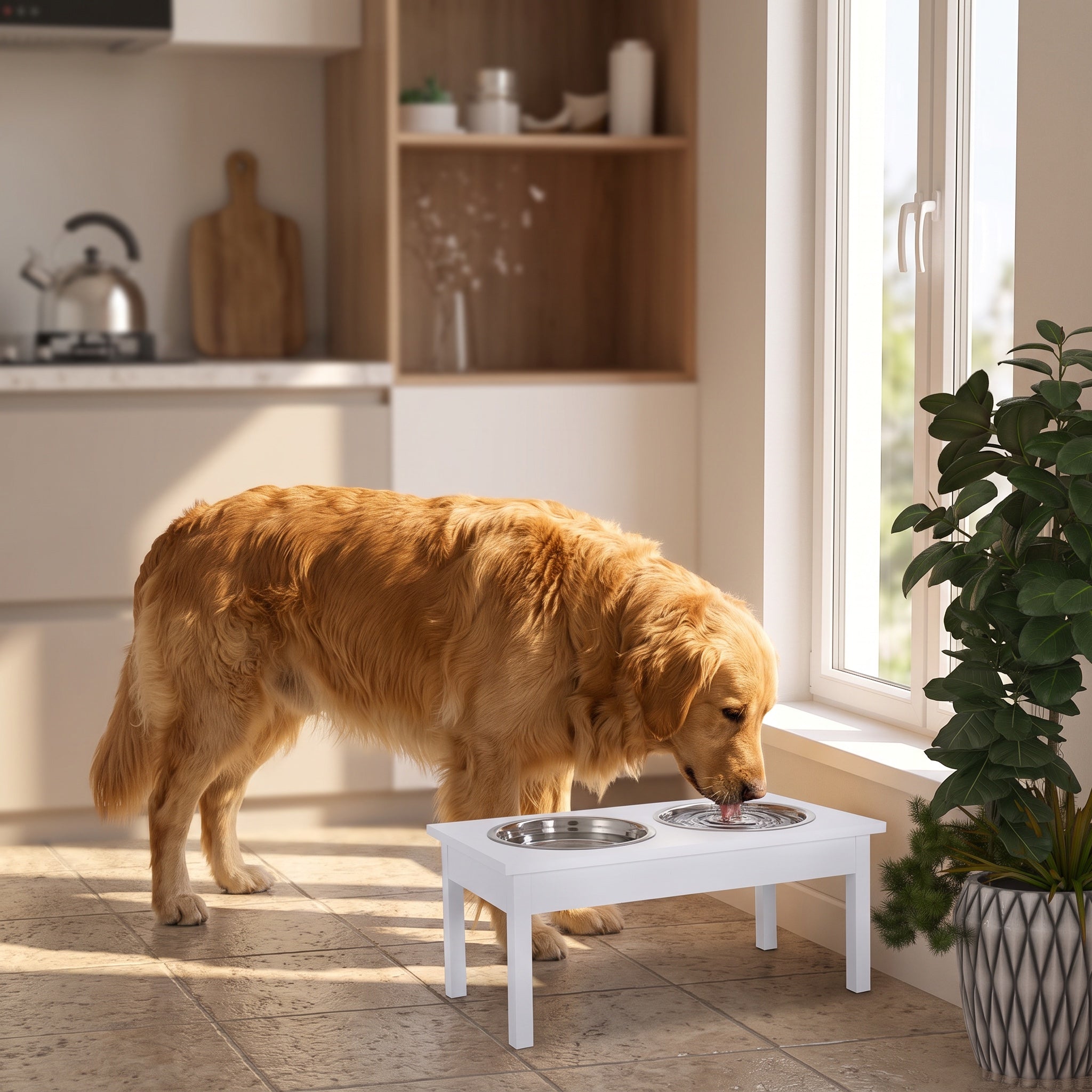 Golden retriever drinking from a white raised feeding station in a bright kitchen