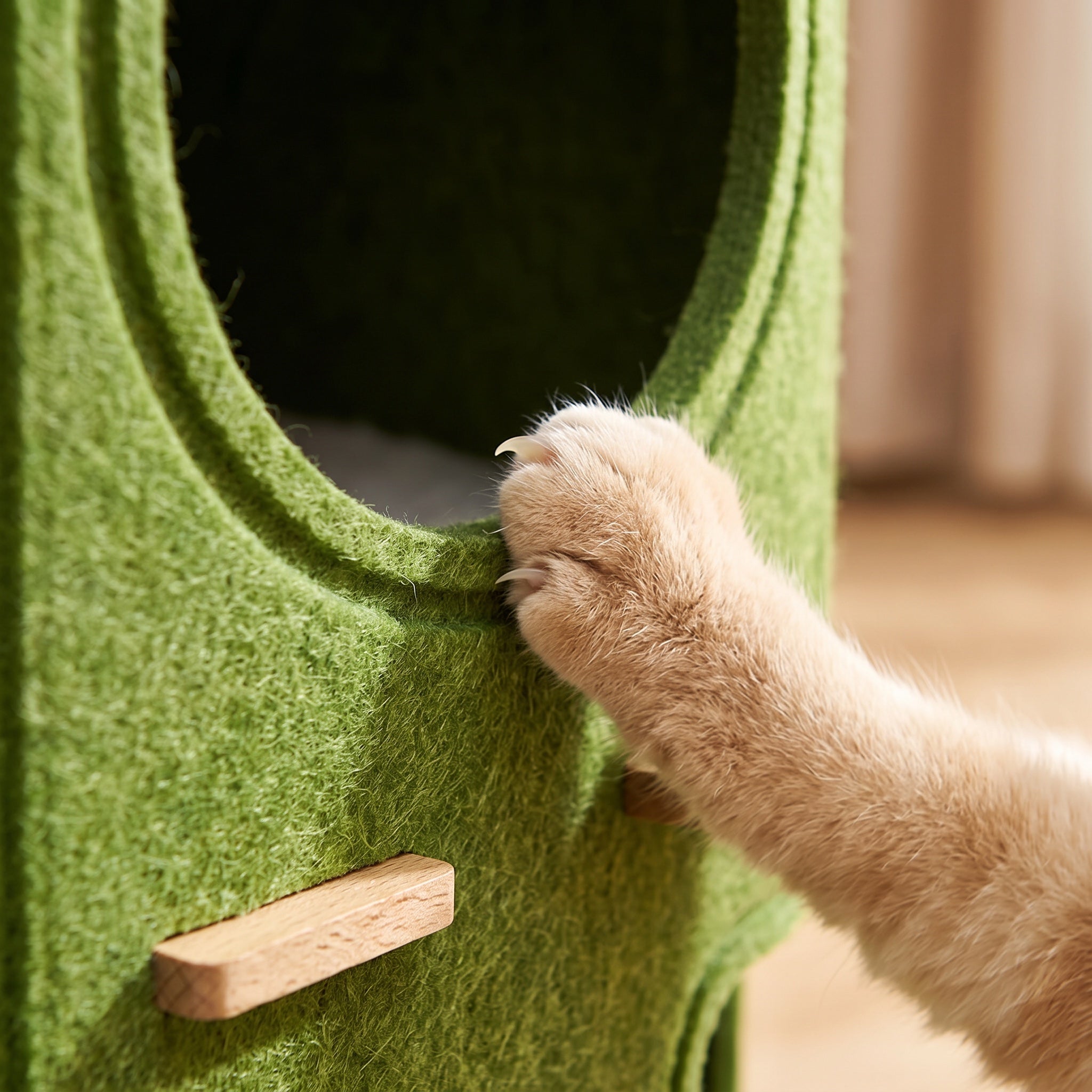 Close view of the dense green felt and nest opening of the cat tower with a cat paw