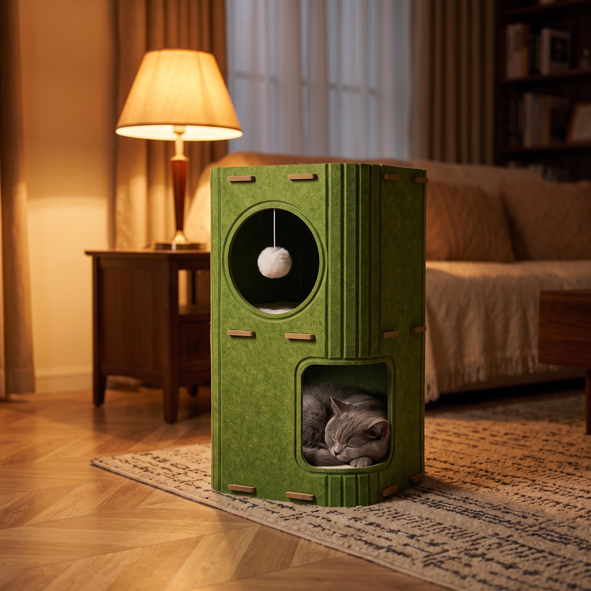 Grey cat asleep inside the lower nest of the green felt cat tower in a cozy evening room