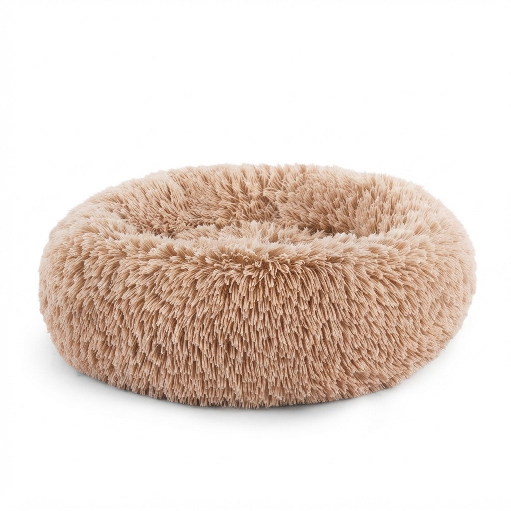 CalmCurl calming donut bed, tan, on white background