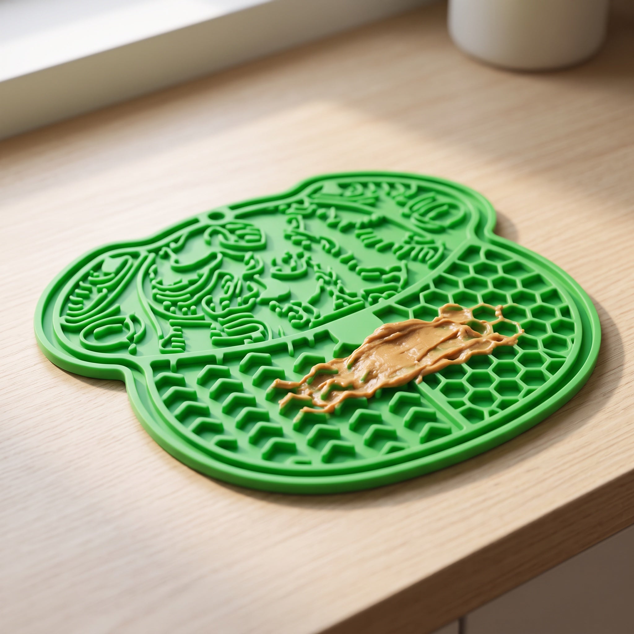 Close view of the textured zones of the green lick mat with peanut butter worked into the pattern