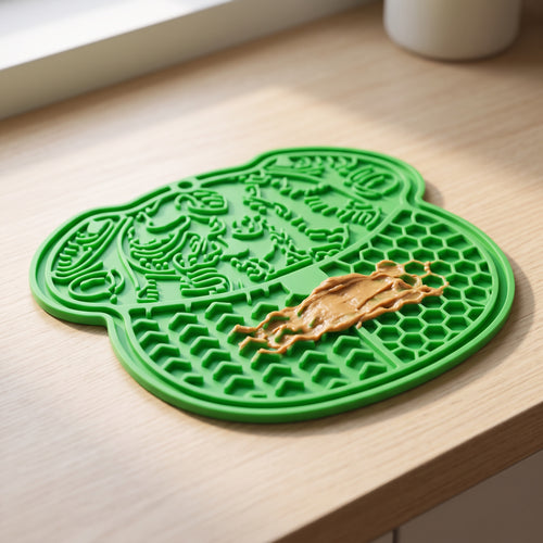 Close view of the textured zones of the green lick mat with peanut butter worked into the pattern