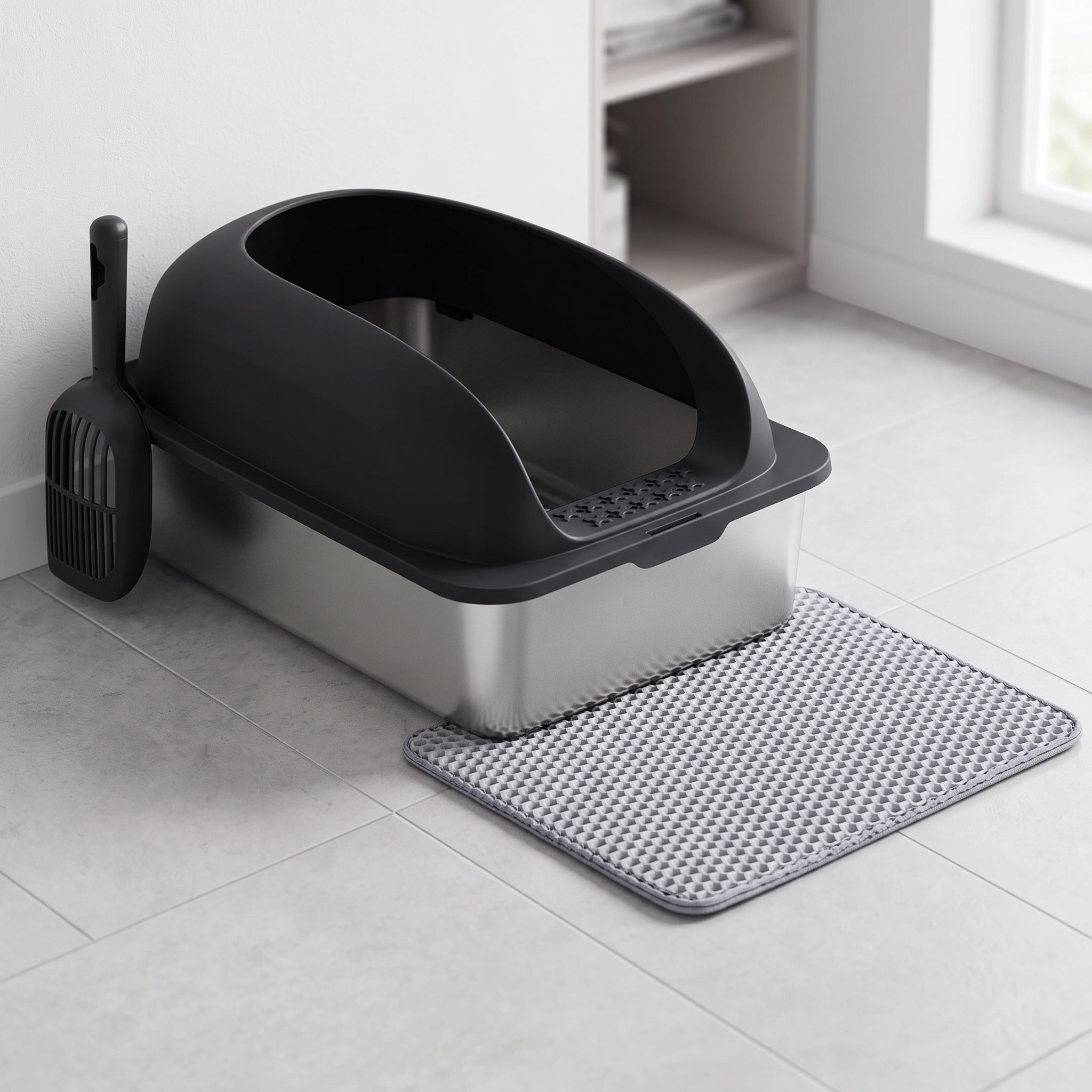Stainless steel cat litter box with black lid, scoop and mat in a clean laundry corner