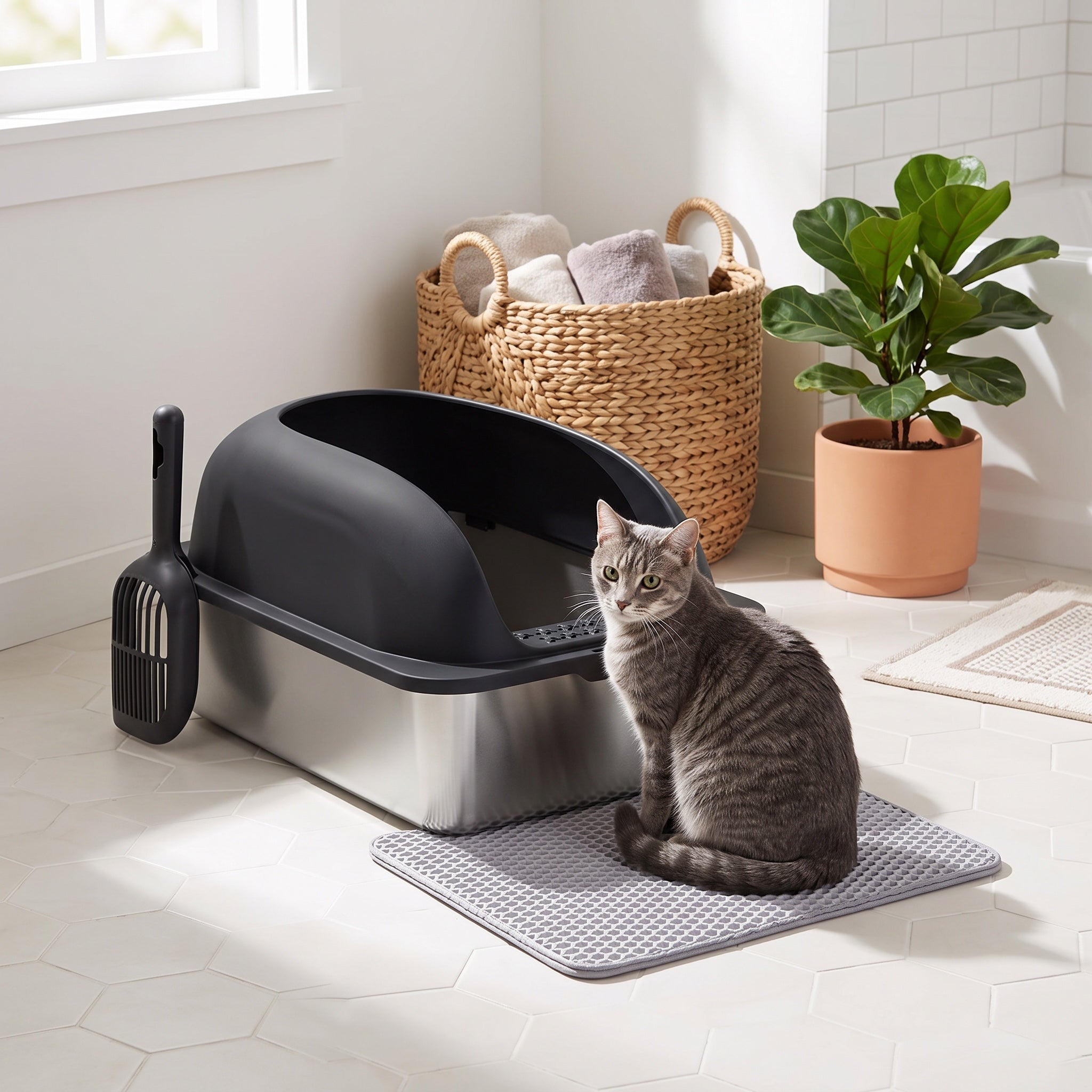 Grey tabby cat sitting on the mat in front of the stainless steel litter box in a bright bathroom