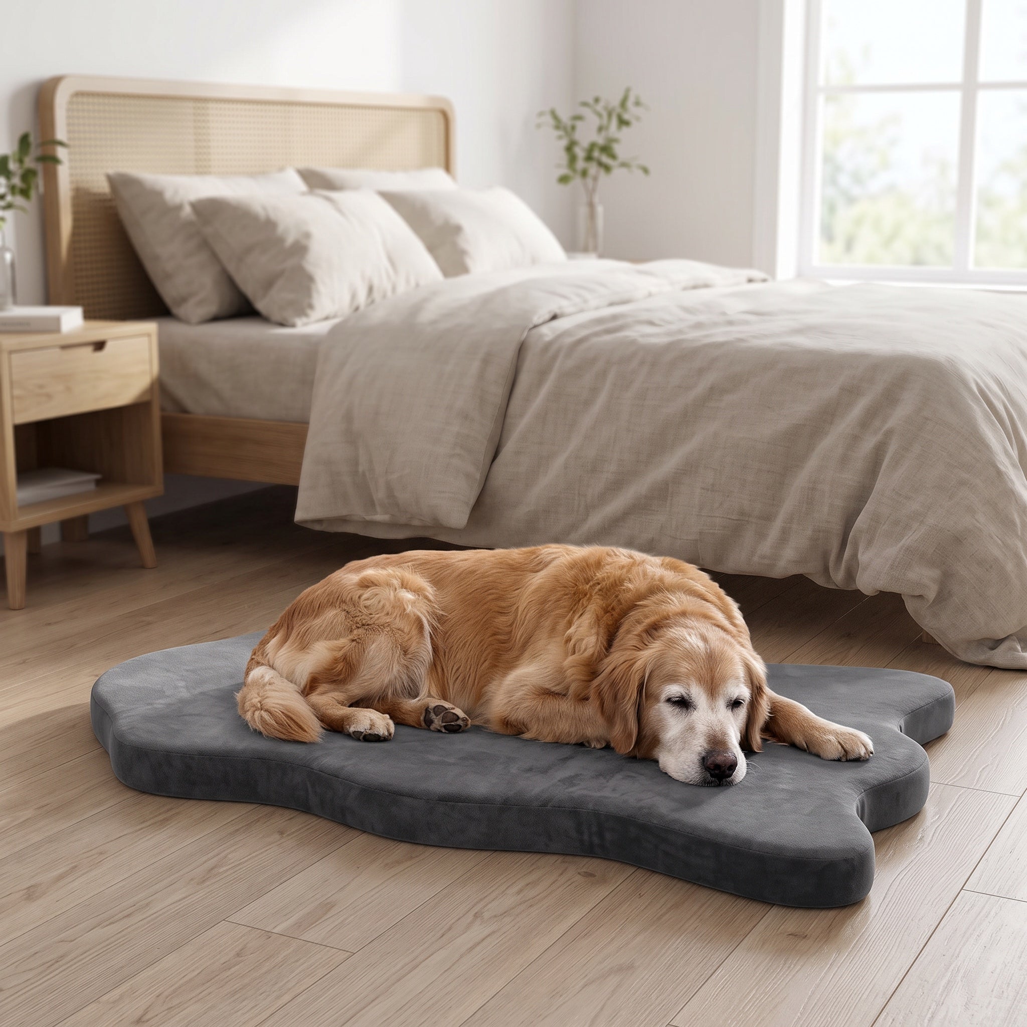 Senior golden retriever asleep on the grey orthopedic memory foam dog mat in a bright bedroom