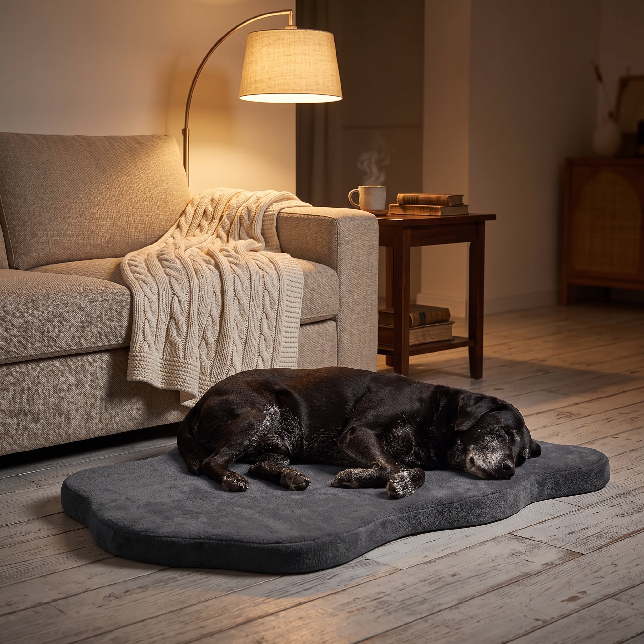 Older black labrador asleep on the grey orthopedic dog mat beside a sofa in warm evening light