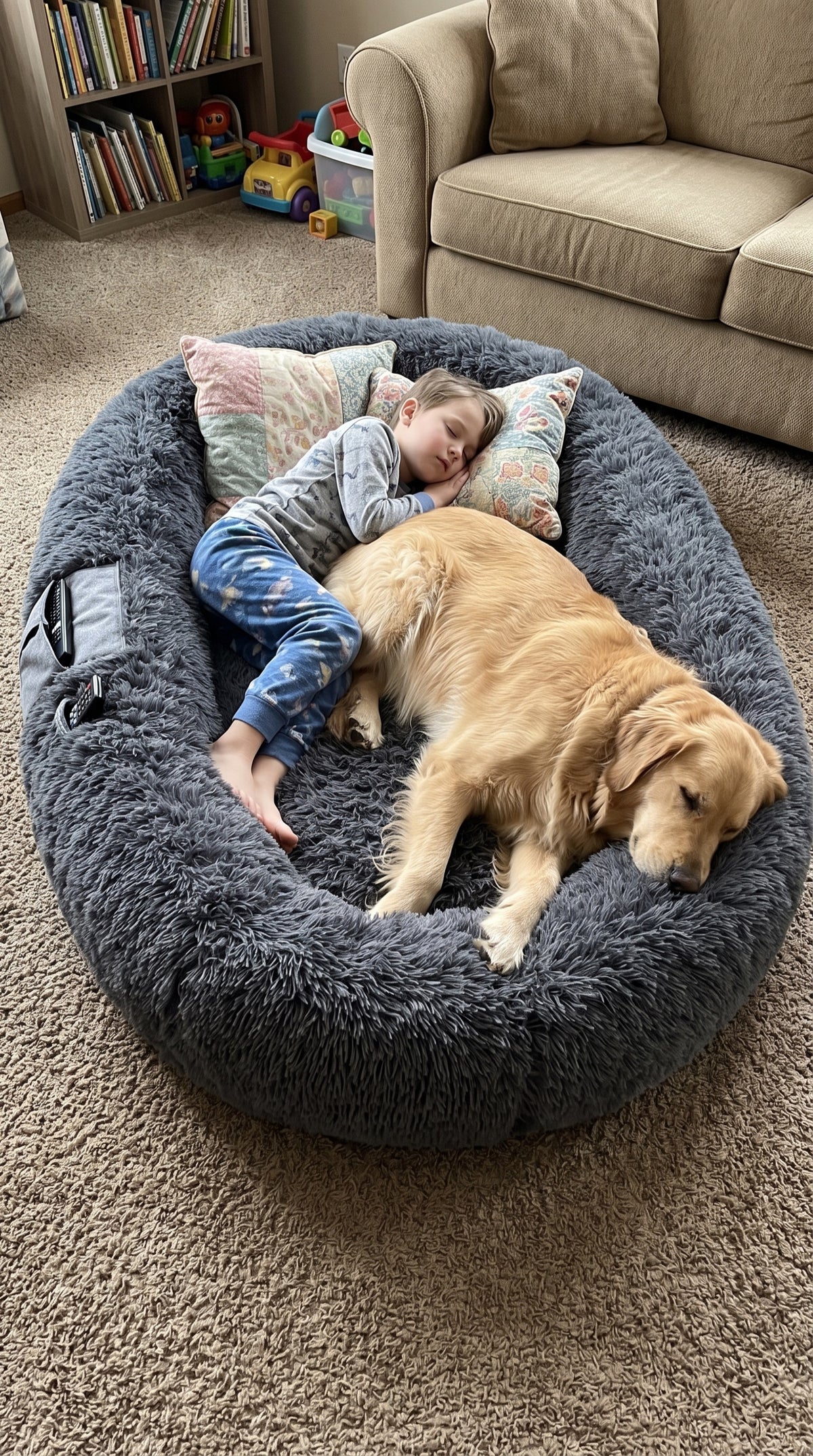 A child and a golden retriever asleep together in the charcoal CalmCurl bed