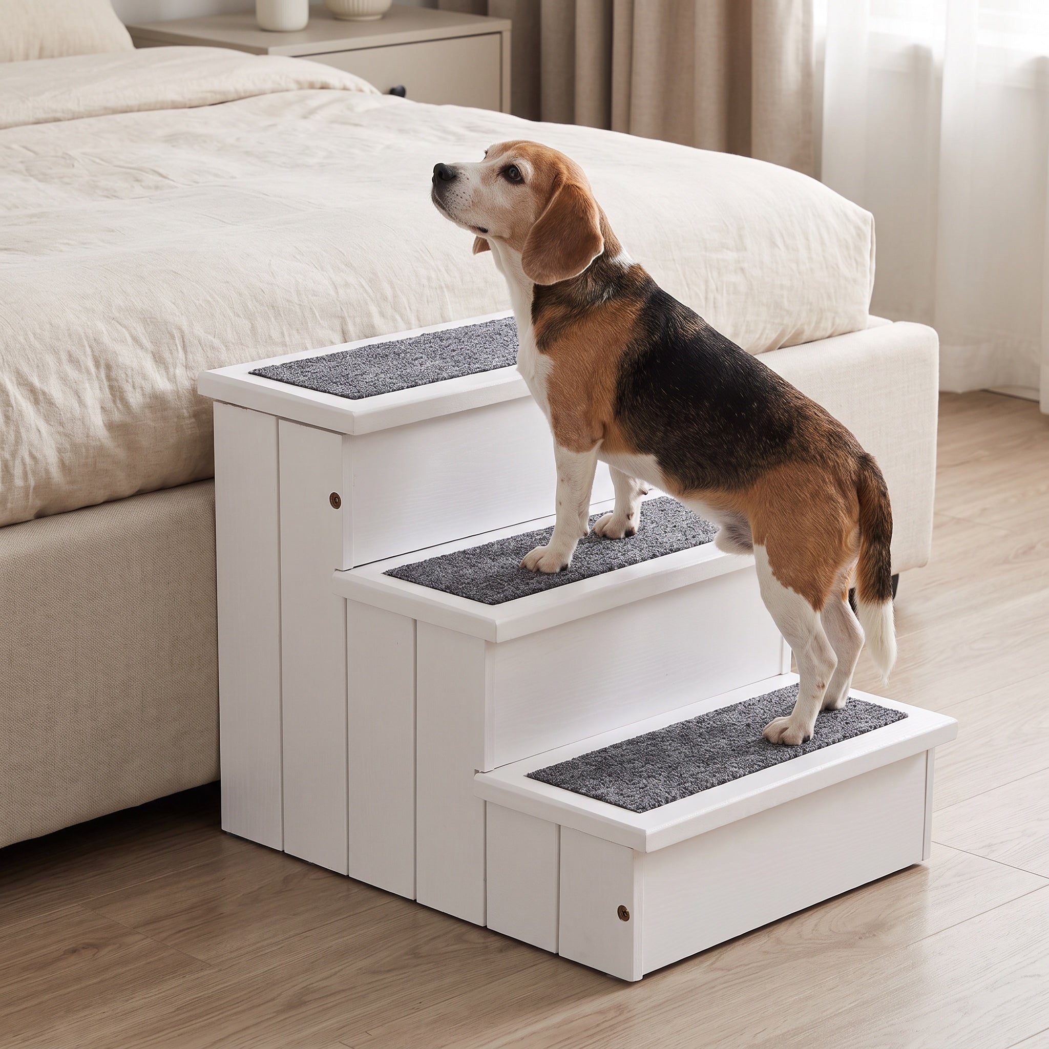 Beagle standing on white carpeted three-step pet stairs beside a bed