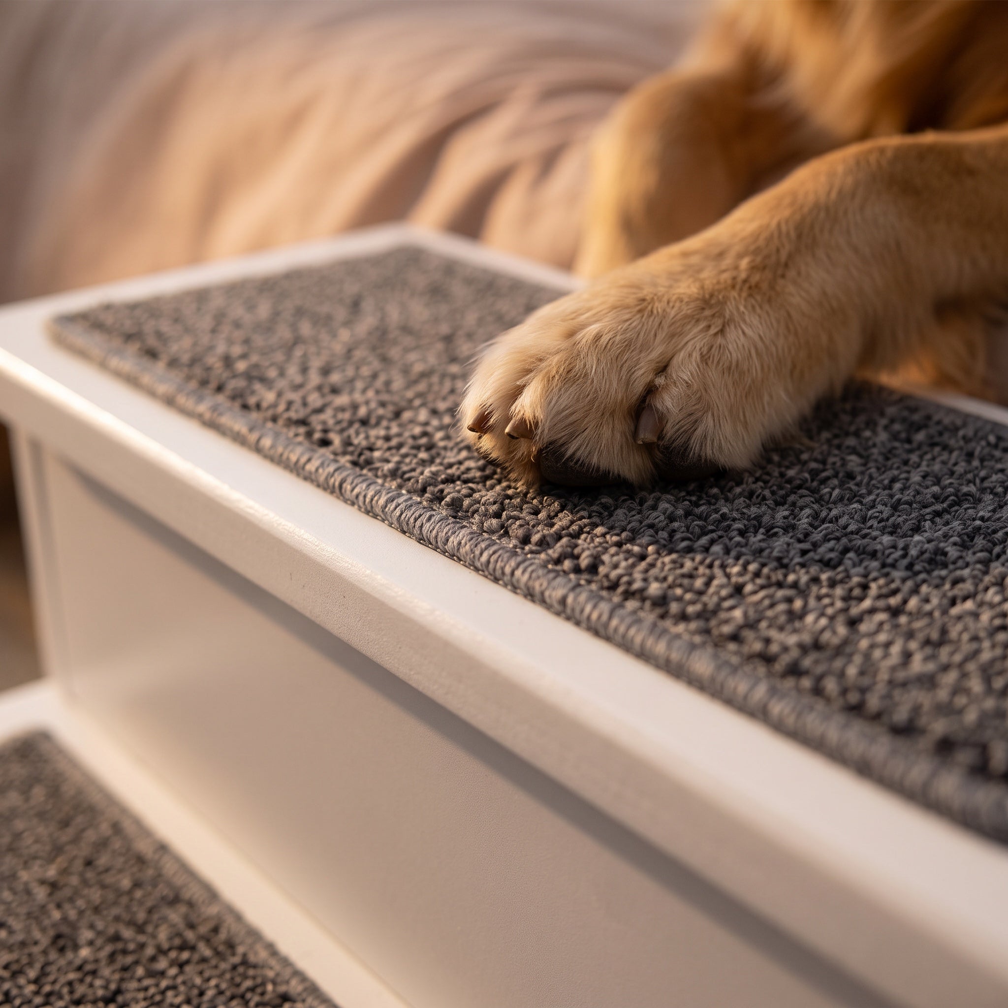 Close view of the grey non-slip carpet tread on white pet stairs with a dog paw resting on it