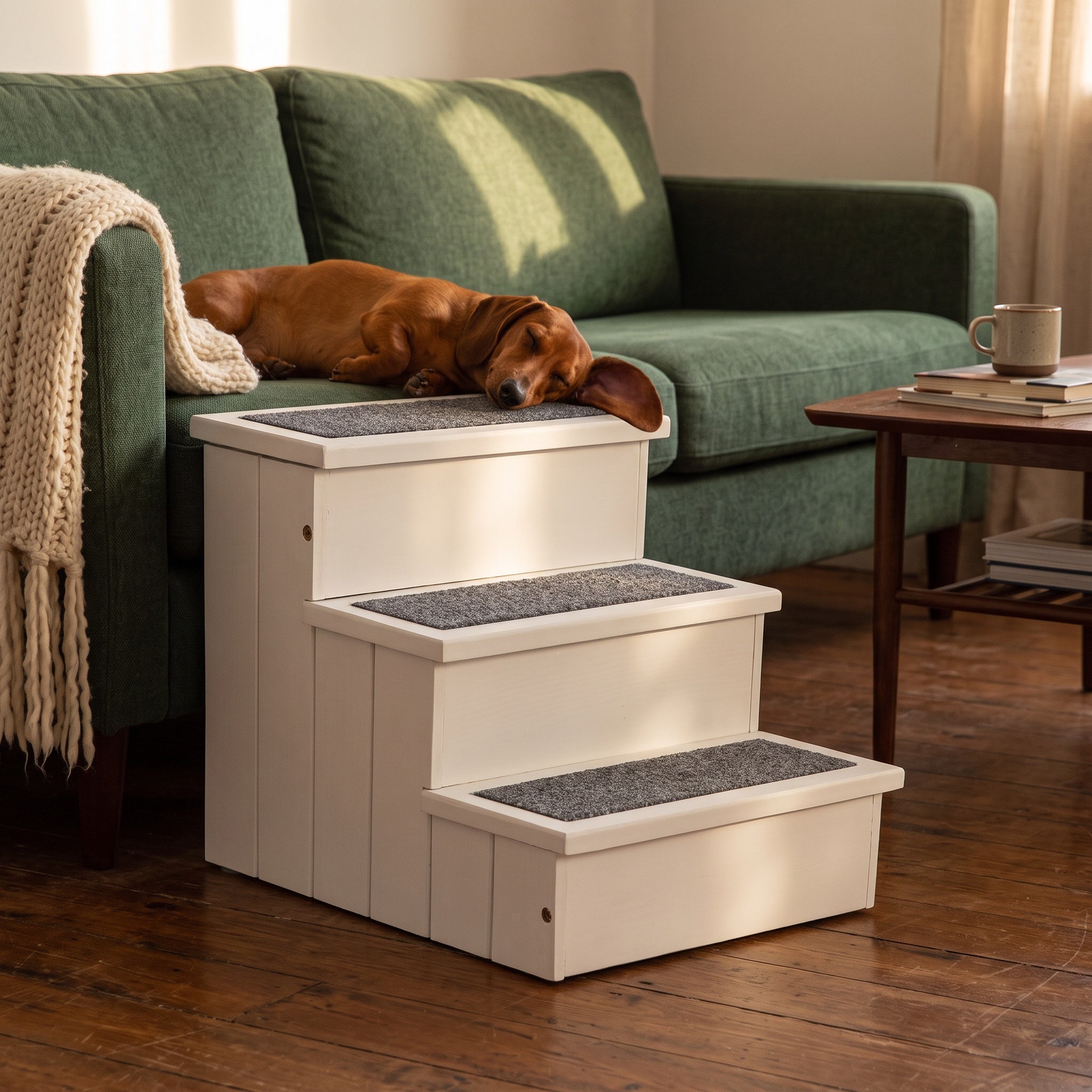 White carpeted pet stairs beside a green sofa with a dachshund asleep above