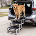 Golden retriever standing on silver aluminum folding dog car steps at an SUV tailgate