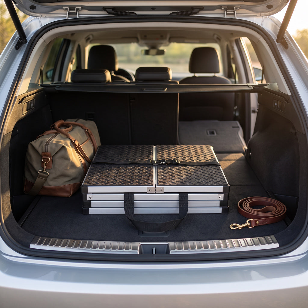 Folded aluminum dog car steps lying flat in an SUV trunk beside a travel bag