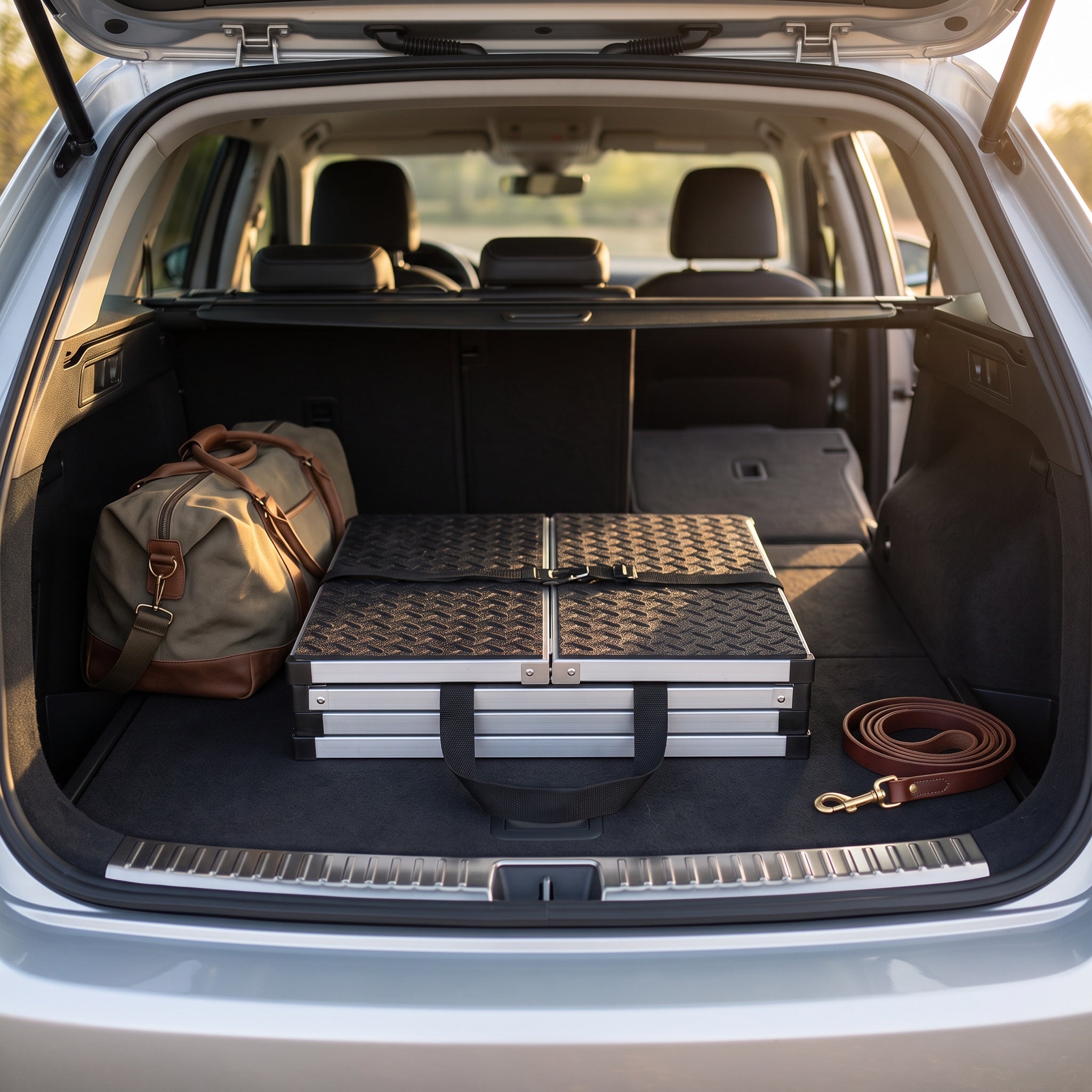 Folded aluminum dog car steps lying flat in an SUV trunk beside a travel bag