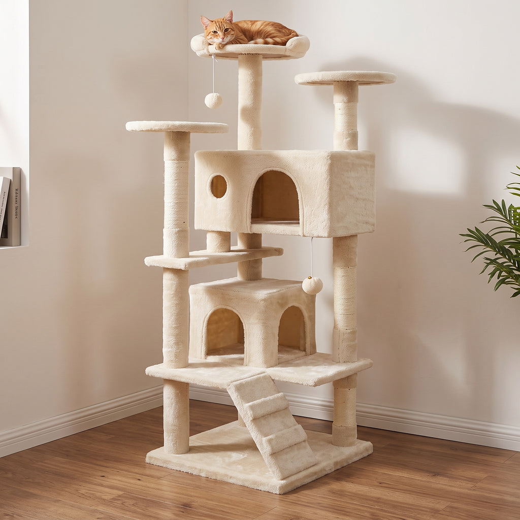 Orange tabby resting on the top perch of a beige plush cat tree with two condos