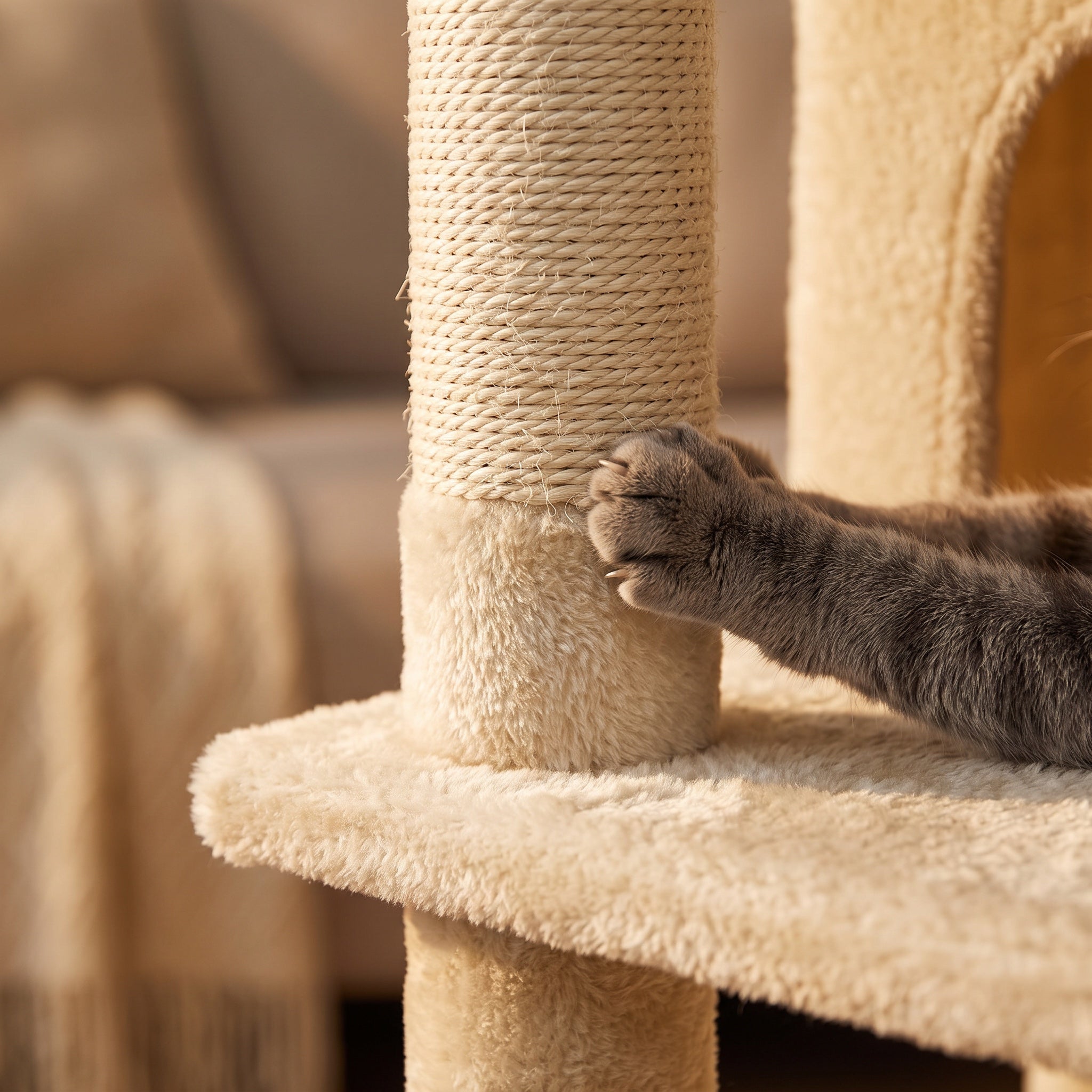 Cat paw on the sisal scratching post of a beige plush cat tree