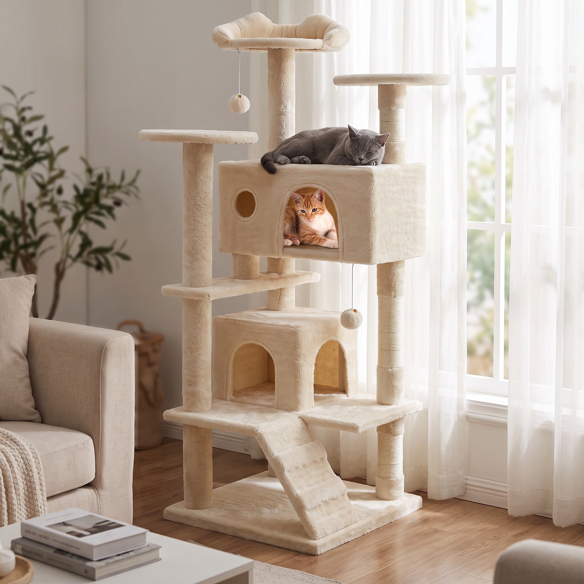 Two cats resting in the condos and platforms of a beige cat tree by a bright window