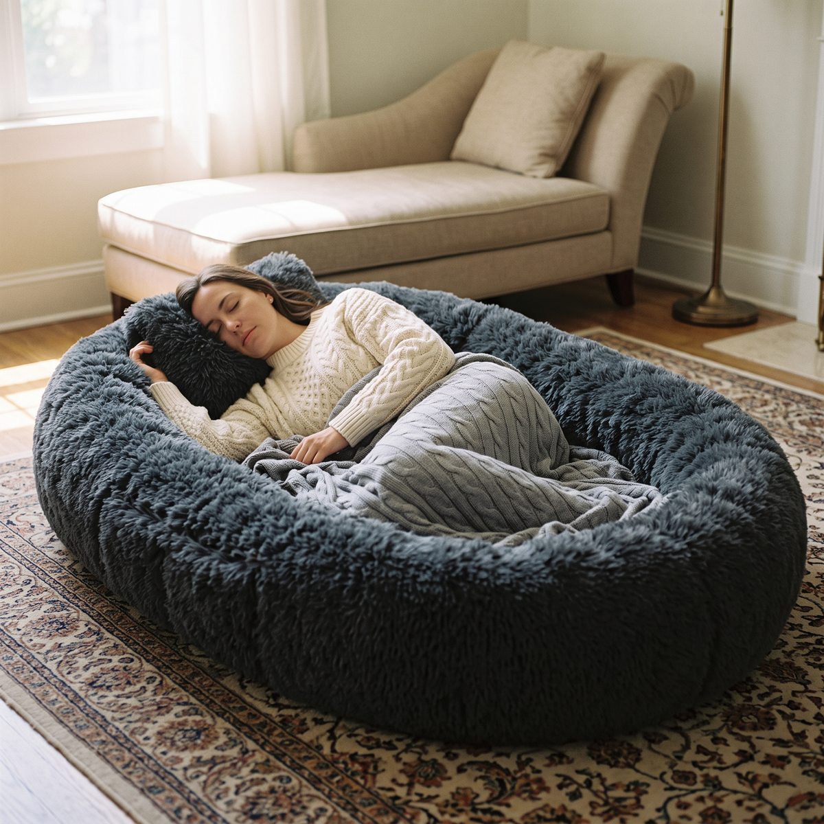 Woman asleep under a knit blanket in the dark grey CalmCurl Den