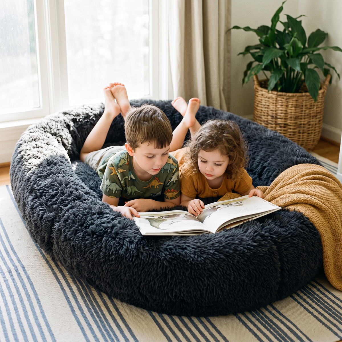 Two kids reading a picture book in the dark grey CalmCurl Den