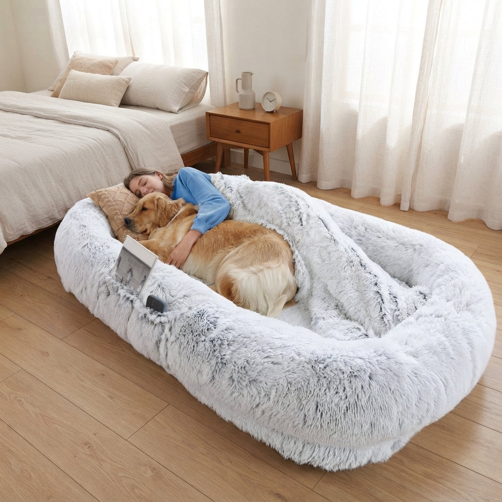 CalmCurl human dog bed beside a bed in a bright minimalist bedroom