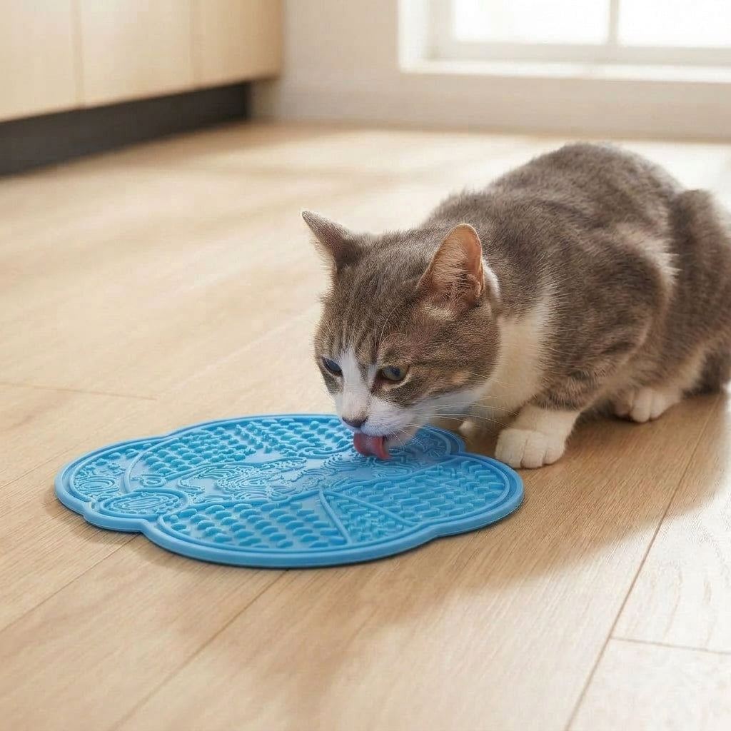 Cat licking the blue CalmCurl lick mat on a kitchen floor