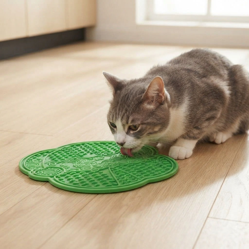 Cat licking the green CalmCurl lick mat on a kitchen floor