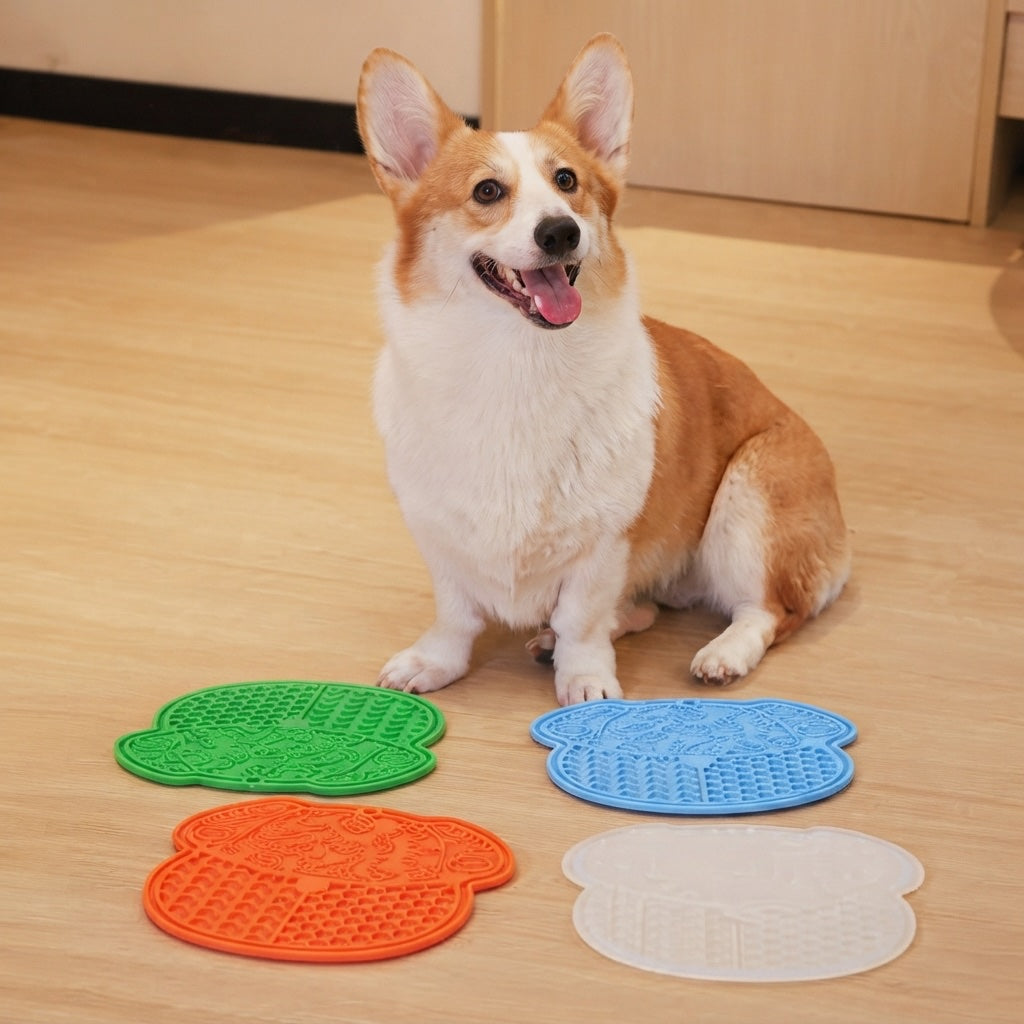 CalmCurl lick mat in four colors with corgi