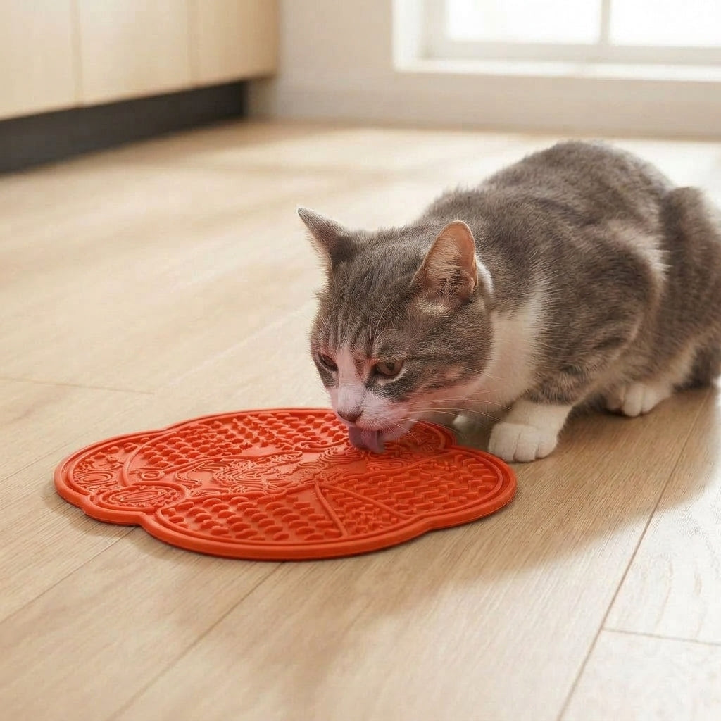 Cat licking the orange CalmCurl lick mat on a kitchen floor