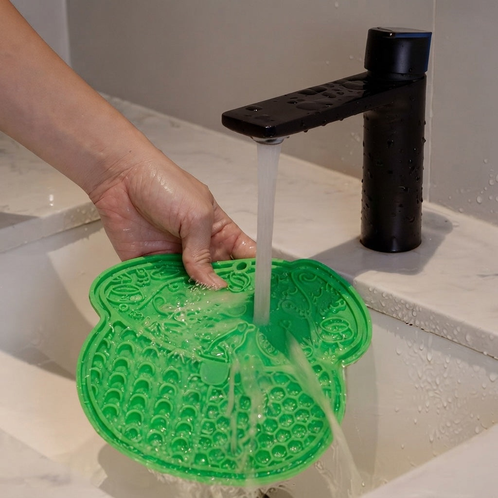 Green CalmCurl lick mat rinsing clean under a tap