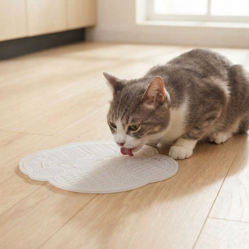 Cat licking the transparent CalmCurl lick mat on a kitchen floor