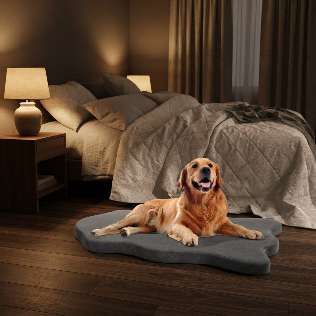 Golden retriever on the CalmCurl memory foam support bed at the foot of a bed in warm evening light