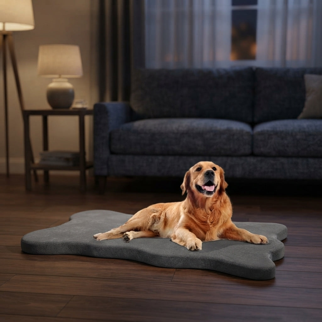 Golden retriever resting on the CalmCurl memory foam support bed in a warm evening living room